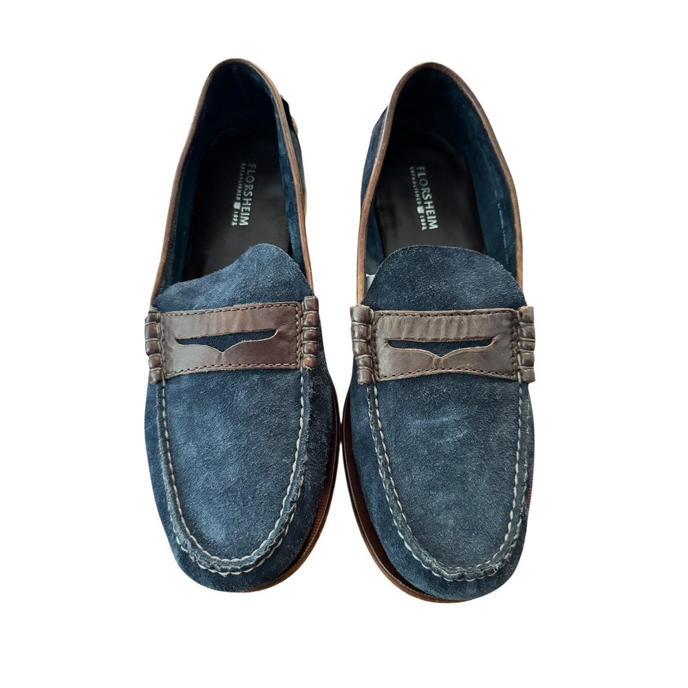 Florsheim Mens Navy Blue Suede Penny Loafers Brown Leather Trim 10 D 17058-492